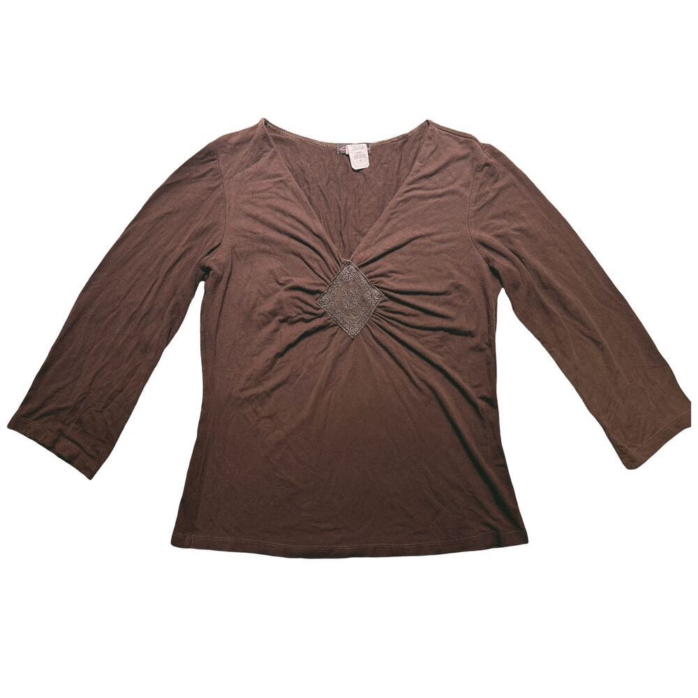 Cocomo Brown V-Neck Ruched Diamond Applique Top Size Medium
